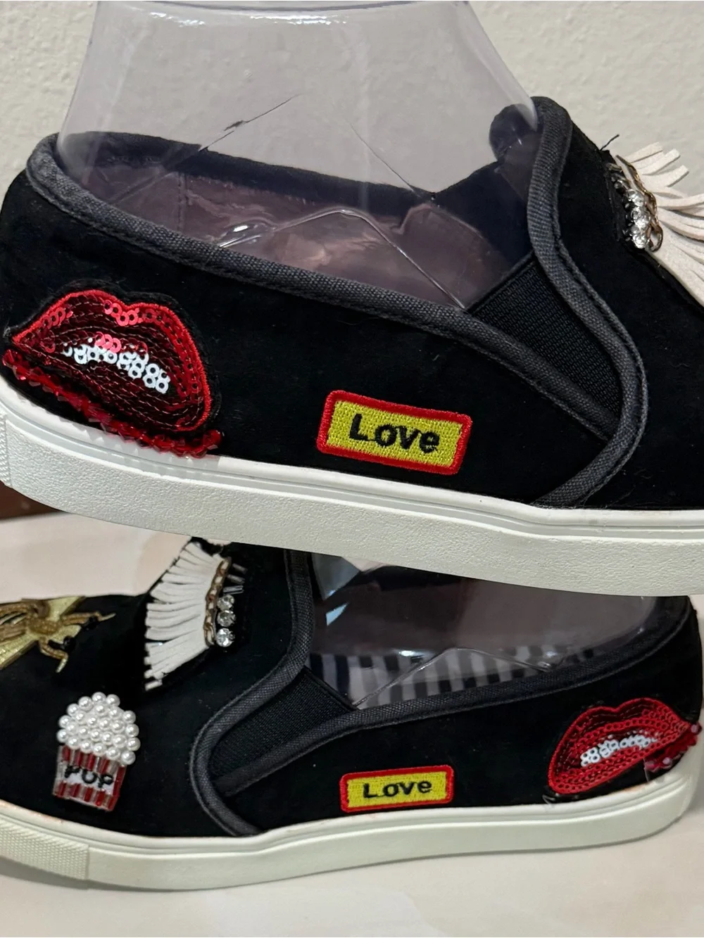 Betsey Johnson Black Slip-On Sneakers with Gold Bee Embroidery & Red Heart